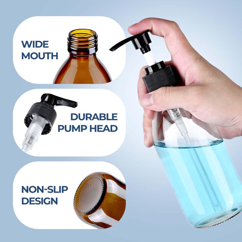 HomePicker Glass Soap Dispenser with Pump 8 oz, Homepicker Lotion Bottle with Pump for Body Oil, 250ml Hand and Dish Soap Dispensers Set with 1 Extra Pump, Black Caps, Labels - 2 Pack, Amber and Clear - Image 5